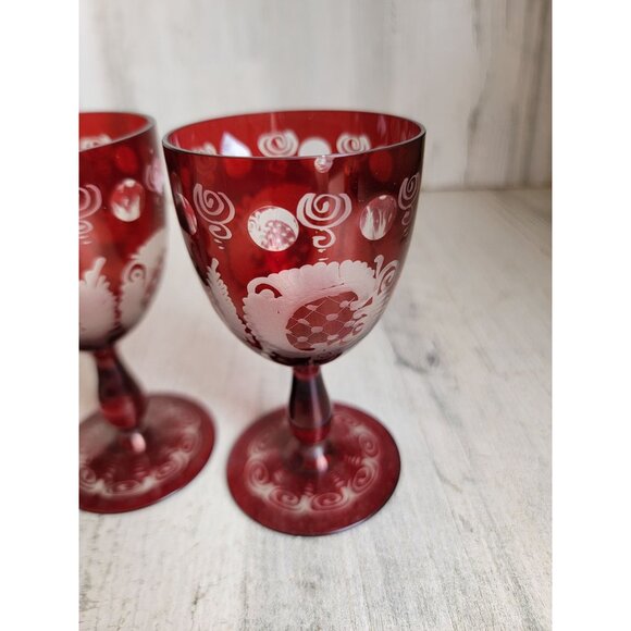 Egermann red cup Bohemian etched glass set collectible vintage - Picture 9 of 13
